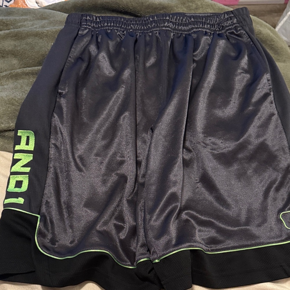 AND1 Men's Black and Neon Green Athletic Shorts
